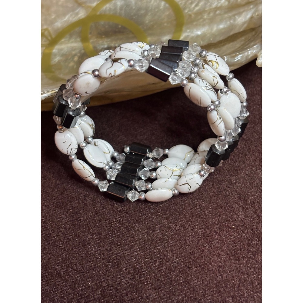 White Marbled Bead Wrap Bracelet Black Hematite Style Accents Gold Vein Detail
